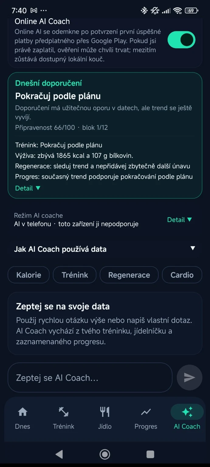 Skutečná obrazovka AI Coach v AIFormNote