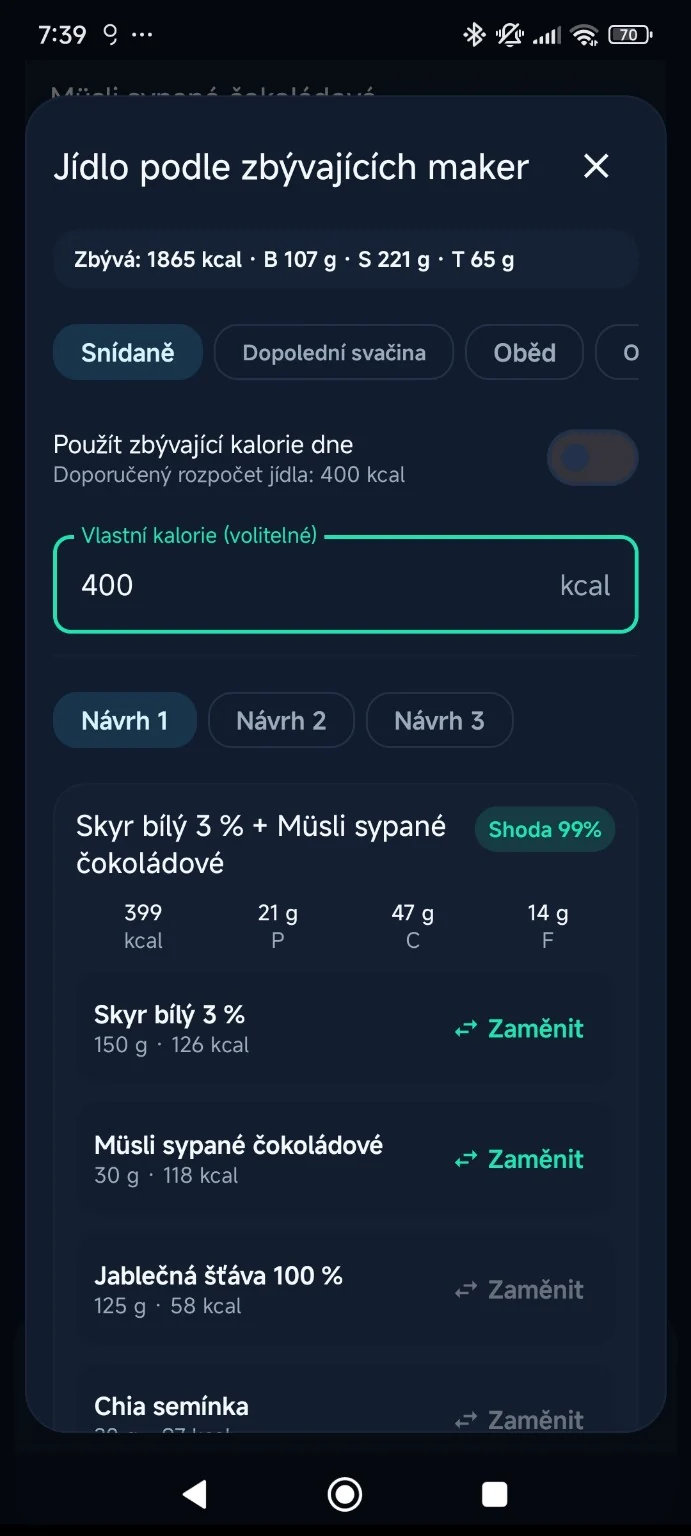 Jídla, porce a denní souhrn